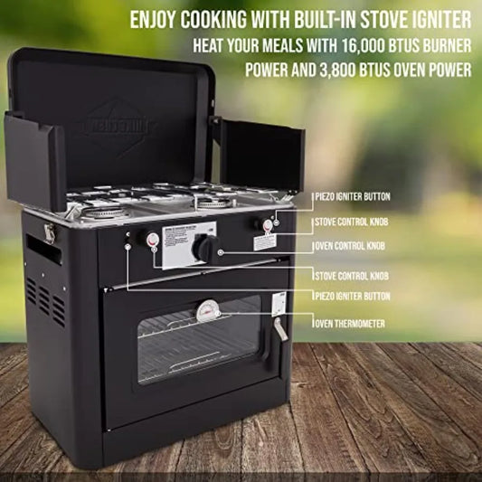 Outdoor Gas Camping Oven w/Carry Bag CSA Approved Portable Propane-Powered 2-Burner Stove with Auto Ignition and Overheat Safet