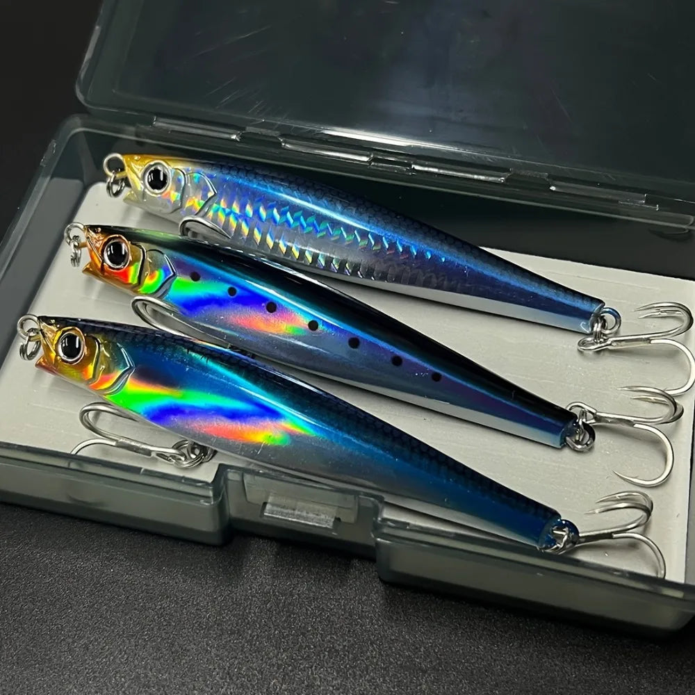 3-Pack Long Casting No-Lip Saltwater Fishing Lures, Short Lip Heavy Sinking Pencil Baits, 120mm, 47g (1.7oz), New Heavy Sinking Minnow, Long-Distance Casting Saltwater Artificial Ocean Lures