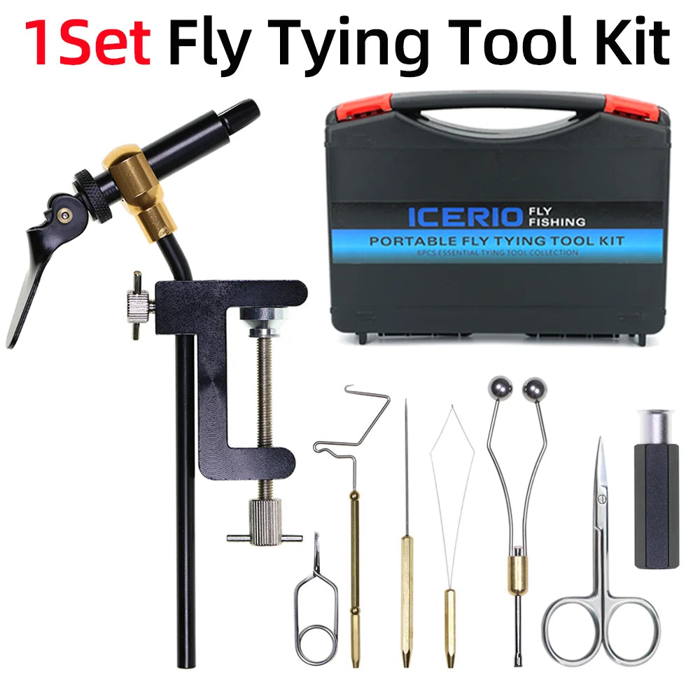 8pcs/set Portable Fly Tying Tool Kit Hardened Steel C-Clamp Vise Bobbin Holder Threader Whip Finisher Hair Stacker Bodkin Needle