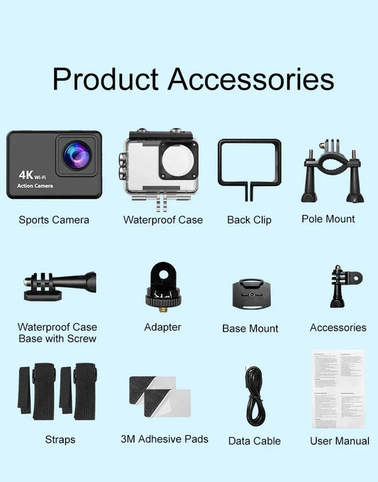 4K Ultra HD Action Camera WiFi Sports Cam 30m Waterproof 2.0" Screen 30fps Helmet Cam for Cycling Motorcycle Skiing Diving Outdo