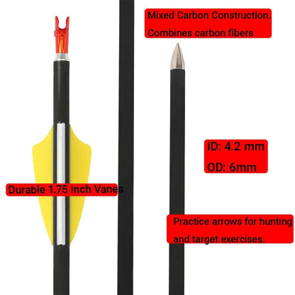Archery Mixed Carbon Arrows 12pcs SP1000 1.75" Rubber Vane ID4.2mm Shaft for Recurve Compound Bow Hunting Shooting Sports