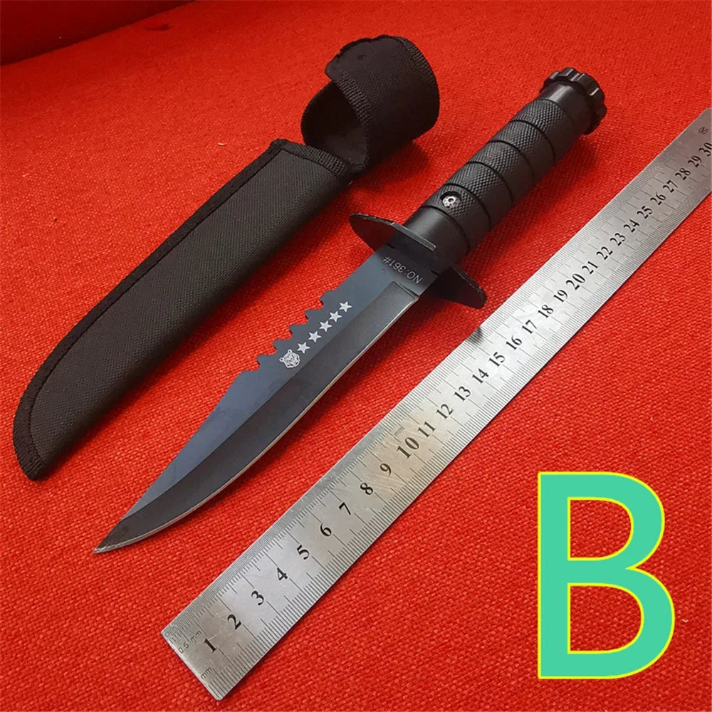 Fixed Blade Hunting Knife, Black Blade, Black Rubberized Handle, 12.5-Inch Overall