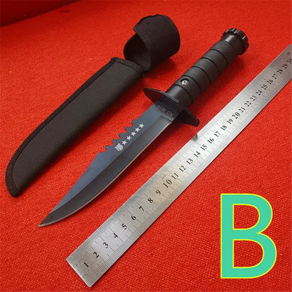 Fixed Blade Hunting Knife, Black Blade, Black Rubberized Handle, 12.5-Inch Overall