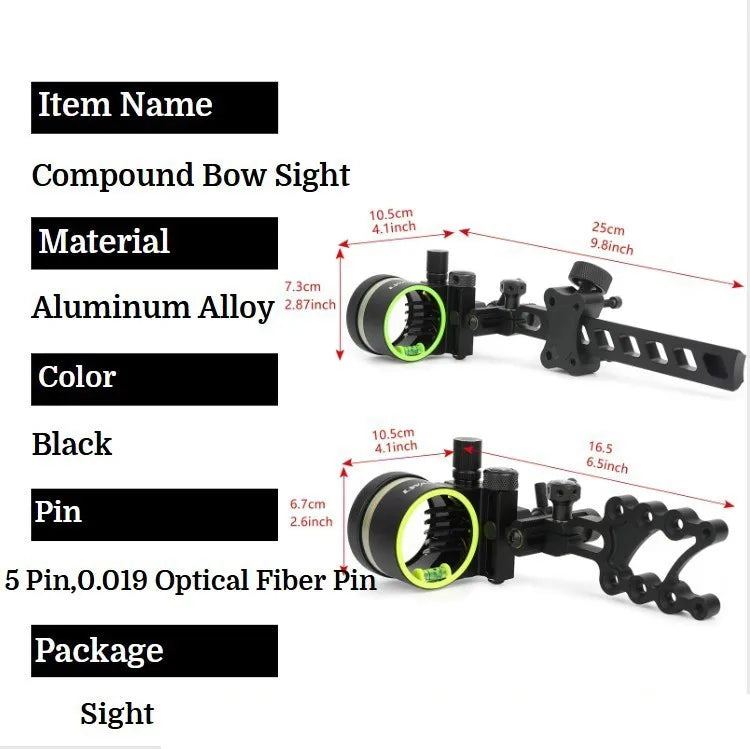 Archery 0.019'' Fiber Optic Adjust 5 Pin Compound Bow Sight  Alloy Portable for Bows Outdoor Shooting Right Handed Accessories