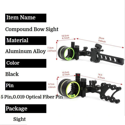 Archery 0.019'' Fiber Optic Adjust 5 Pin Compound Bow Sight  Alloy Portable for Bows Outdoor Shooting Right Handed Accessories