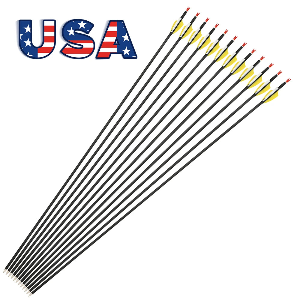 Archery Mixed Carbon Arrows 12pcs SP1000 1.75" Rubber Vane ID4.2mm Shaft for Recurve Compound Bow Hunting Shooting Sports