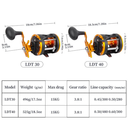 BILLINGS Trolling Drum Fishing Reel 33LB Max Drag 3.8:1 Gear Ratio Smooth Freshwater & Saltwater Universal Bait Caster Fishing Reels for Sea Bass Catfish  Grouper Trout