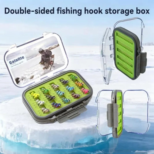 Ice Fishing Jigs Kit 15/21/30/45-Piece 3.2/4/5/6mm Glow in Dark Tear Drop Lures with 2-Sided Waterproof Tackle Box for