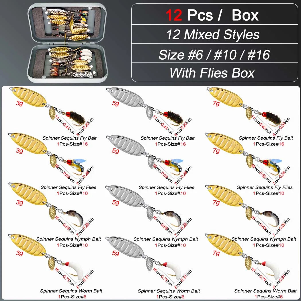 12Pieces Fly Fishing Files Sequin Kit #6-#10-#16 Handmade Dry Wet Nymphs Streamers Fly Fishing Lures for Trout Salmon with Fly Box