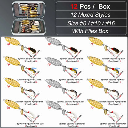 12Pieces Fly Fishing Files Sequin Kit #6-#10-#16 Handmade Dry Wet Nymphs Streamers Fly Fishing Lures for Trout Salmon with Fly Box