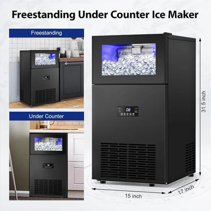 Commercial Ice Maker 160Lbs/24H 35Lbs Storage 15" Wide Under Counter 63 Cubes Self Clean Stainless Steel Built-in, Custom