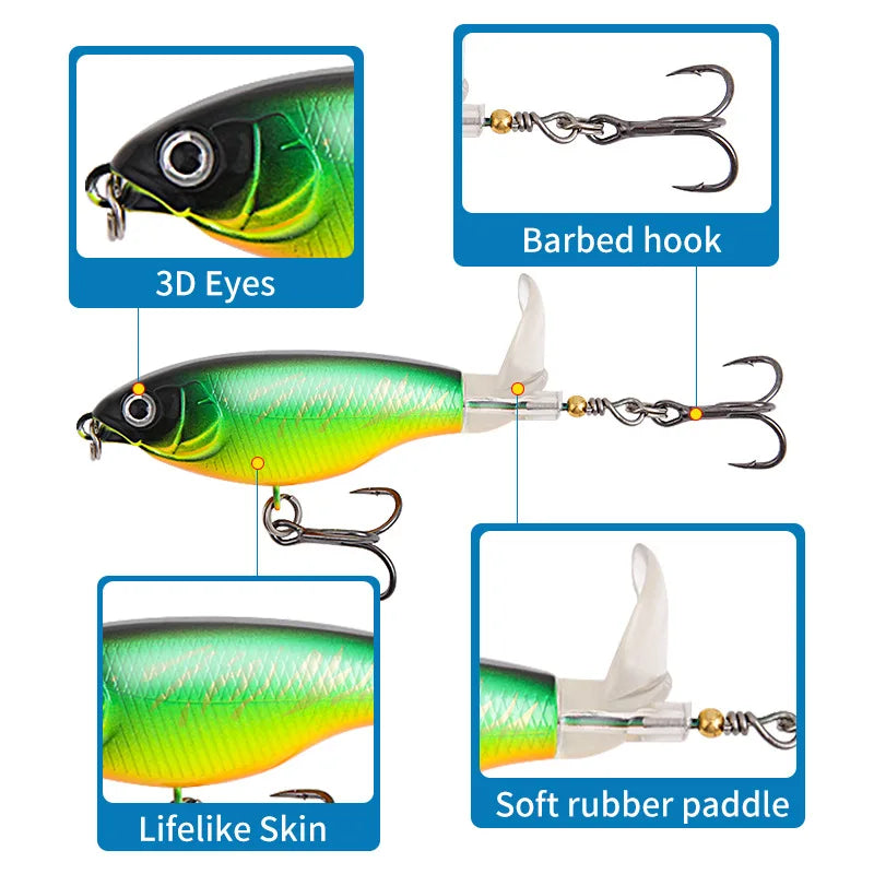 8PCS Top‑water Propeller Lures, Laser Reflective, 10.5CM, 8G, Suitable For Bass, Trout and Zander. Equipped With Rotating Treble Hooks With Barbs At The Tail, Swimming Baits and Crank Baits