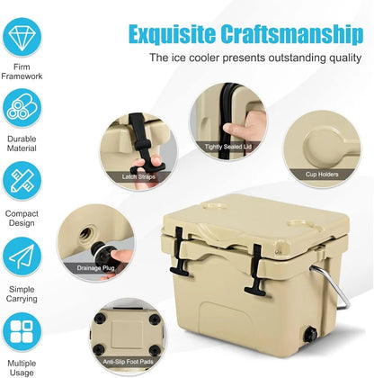 16 Quart Cooler, 24 Can Insulated Ice Chest Box with Heavy Duty Handle and 2 Cup Holders, 3-5 Days Ice Retention, Portable Leakproof Hard Cooler for Camping, Fishing, Picnic, Outdoor
