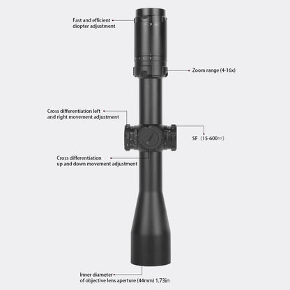 MC4-16X44SF- Optical sight, side adjustable, multi-functional 4-16X zoom sight, second focal plane, with fixture of 30mm/1.18in