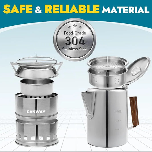 CANWAY Percolator Coffee Pot Portable Camping Stove Set for Backpacking Hiking Stainless Steel Mini Wood Burning Stove 9 CUP Ca