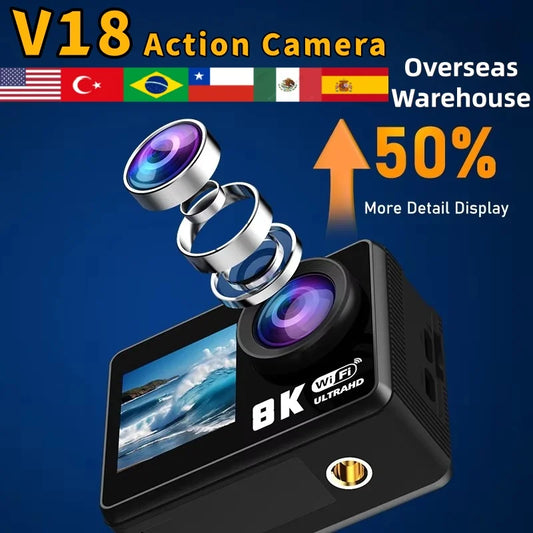 V18 Action Camera Ultra HD 8K/30fps 30m Underwater Waterproof Helmet Video Recording Cameras Sport 2.0-inch Dualcolor Screen New