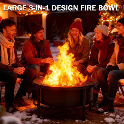 Fire Pits for Outside Wood Burning, 52" Large Outdoor Fire Pit Stove with Roating Table and BBQ Grill, Cold Finished Steel Round