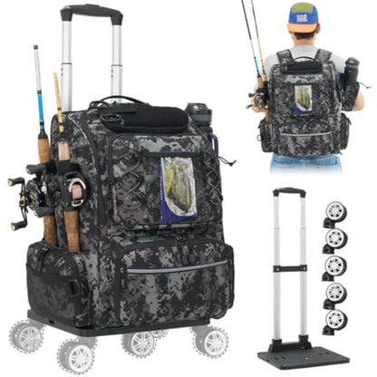 2-in-1 Rolling Fishing Backpack with 3 Rod HoldersDetachable Wheels andTrolley 48L Large Water Resistant Tackle Bag Store Fishi