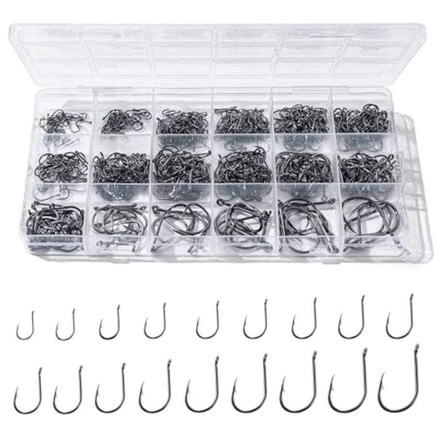 300PCS Fishing Hooks 18 Sizes High-Carbon Steel Barbed Fish Hooks with Holes Fishing Gear with Storage Box Suitable for Fishing
