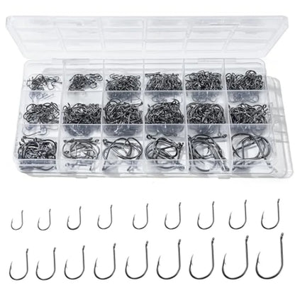 300PCS Fishing Hooks 18 Sizes High-Carbon Steel Barbed Fish Hooks with Holes Fishing Gear with Storage Box Suitable for Fishing