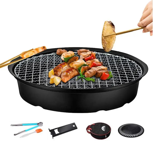 Outdoor Cooking Grill Pan Non-Stick Round Grill Pan Includes Metal Tongs Portable Storage Bag Grilling Accessories for Camping