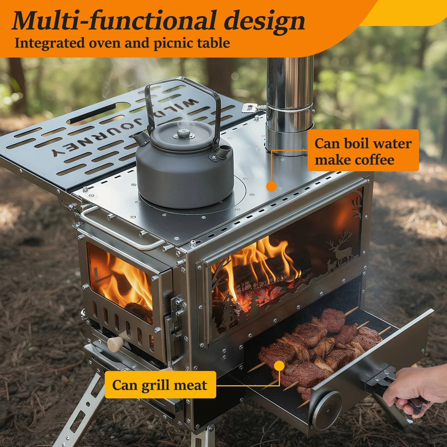 Camping Stove with Oven & Camping Table with Chimney Pipe Small Camping Wood Stove Stainless Steel for Heating Cooking Hunting