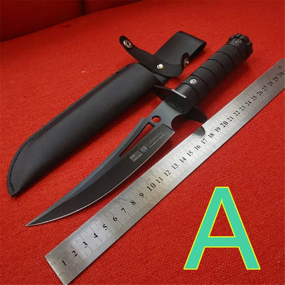 Fixed Blade Hunting Knife, Black Blade, Black Rubberized Handle, 12.5-Inch Overall