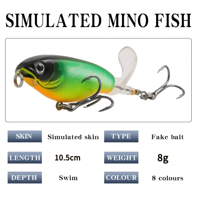 8PCS Top‑water Propeller Lures, Laser Reflective, 10.5CM, 8G, Suitable For Bass, Trout and Zander. Equipped With Rotating Treble Hooks With Barbs At The Tail, Swimming Baits and Crank Baits