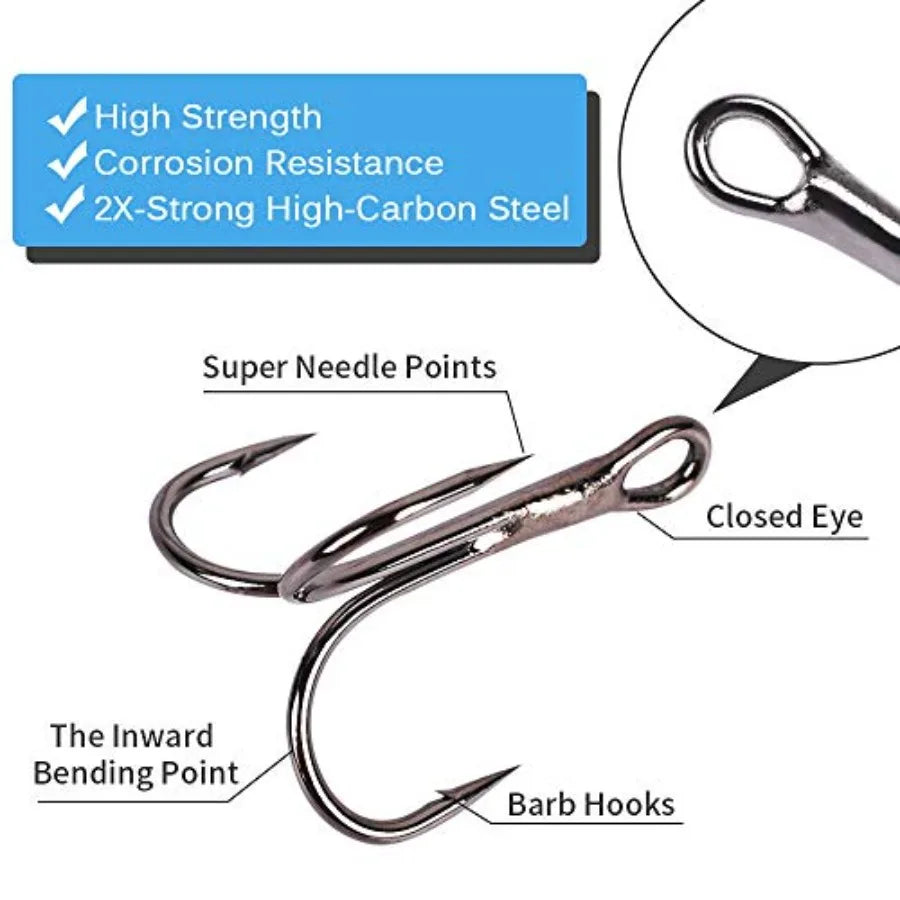 Fishing Hooks Treble Hooks Kit for Saltwater Freshwater, High Carbon Steel Strong Sharp Round Bend for Catfish Trout Hard Baits