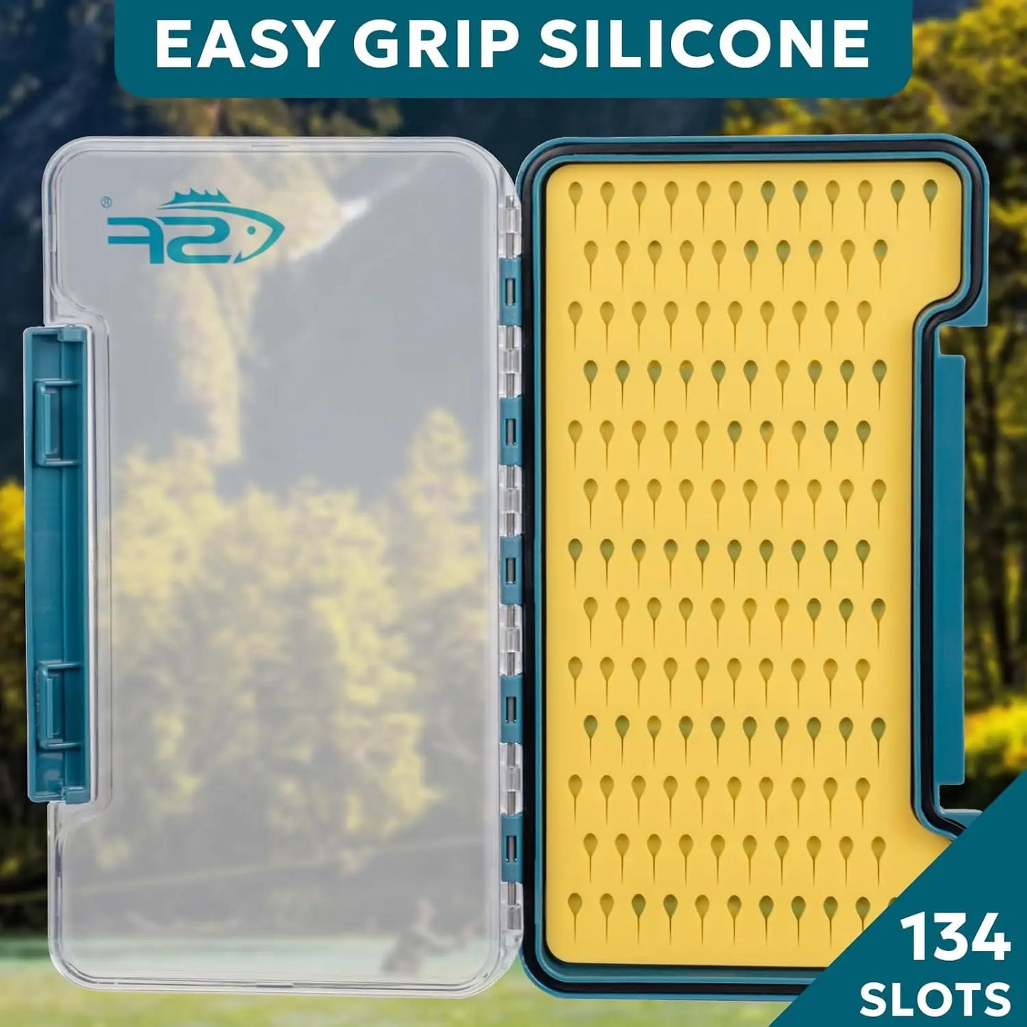 Slim Fly Fishing Box - Thin Trout Flies Storage, Clear Lid, Yellow Silicone, Waterproof, Large