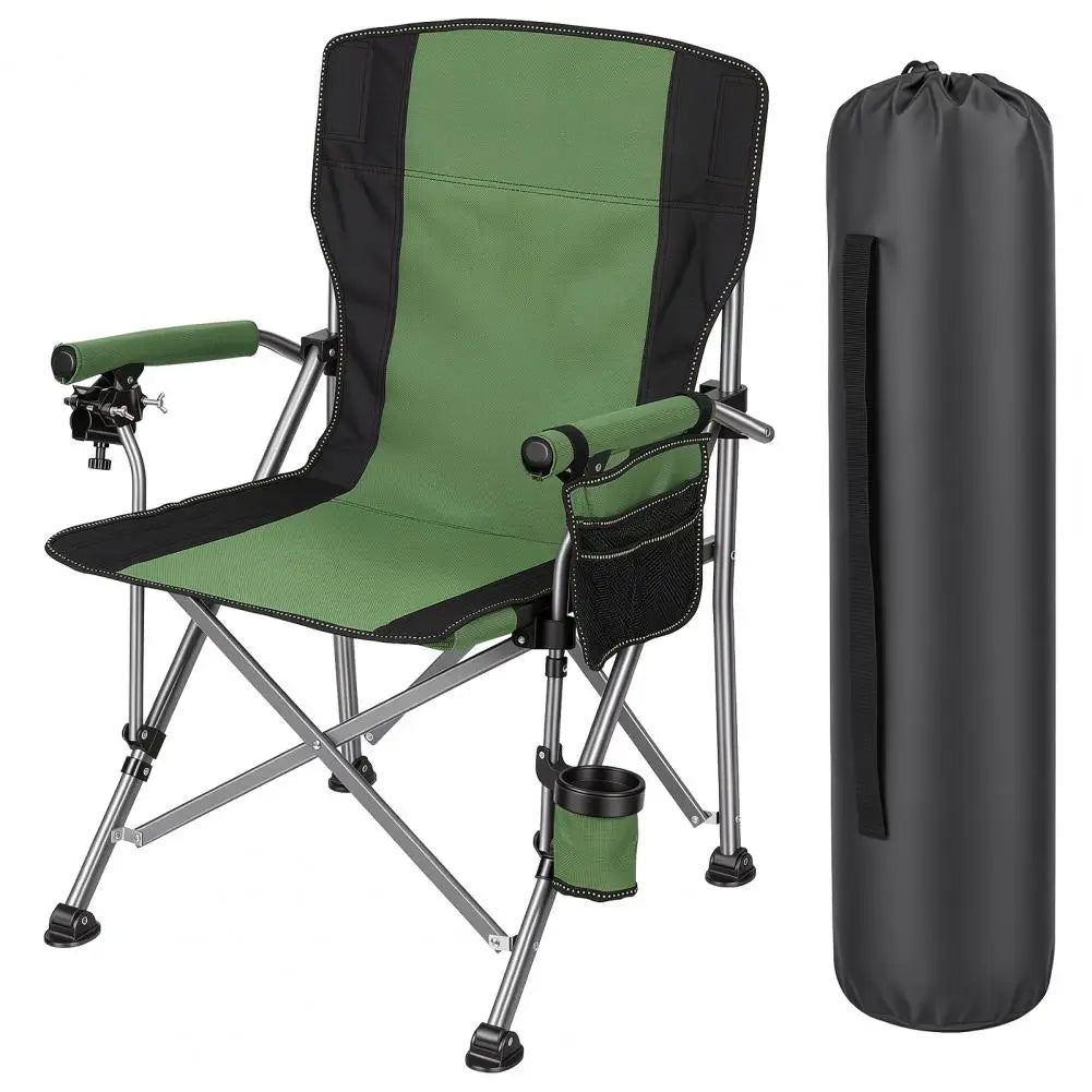 Folding Fishing Chair 150Kg Load, All‑Terrain Portable Adult Armchair with Rod Holder, Cup Holder & Side Pocket for Camping